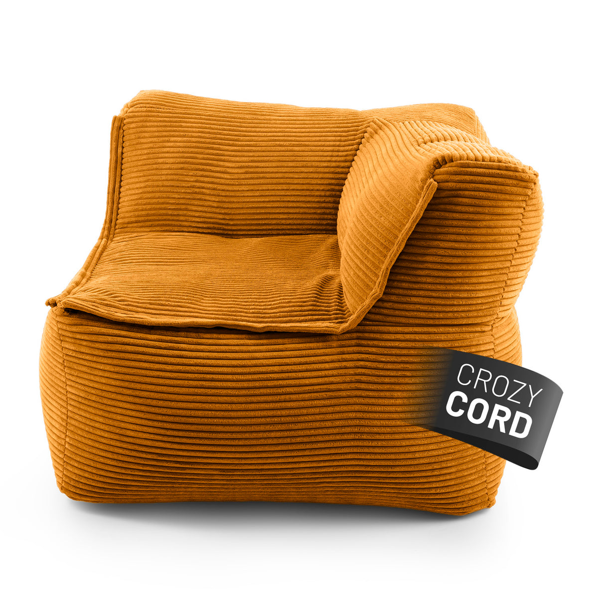 Modulares Eckteil rechts aus der LUMALAND Cord-Reihe - 340 L - 81 x 81 x 70 cm - Senfgelb, weicher Cord-Sitzsack