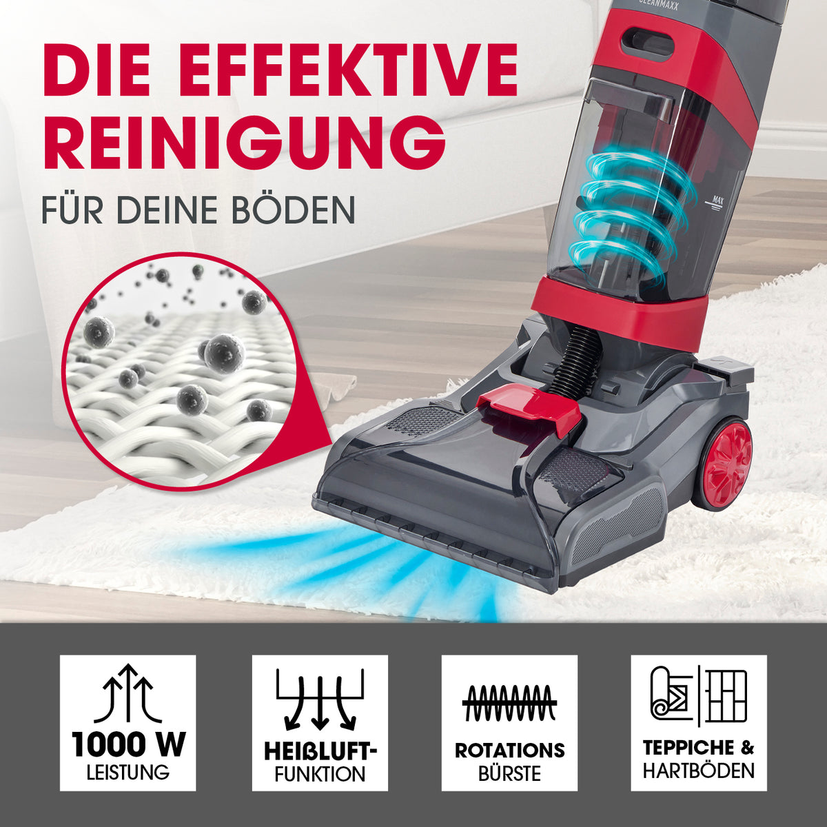 AquaStream Plus DUO Teppich- und Hartbodenreiniger mit 1000 W, Heißluftfunktion und Rotationsbürste für gründliche Reinigung.