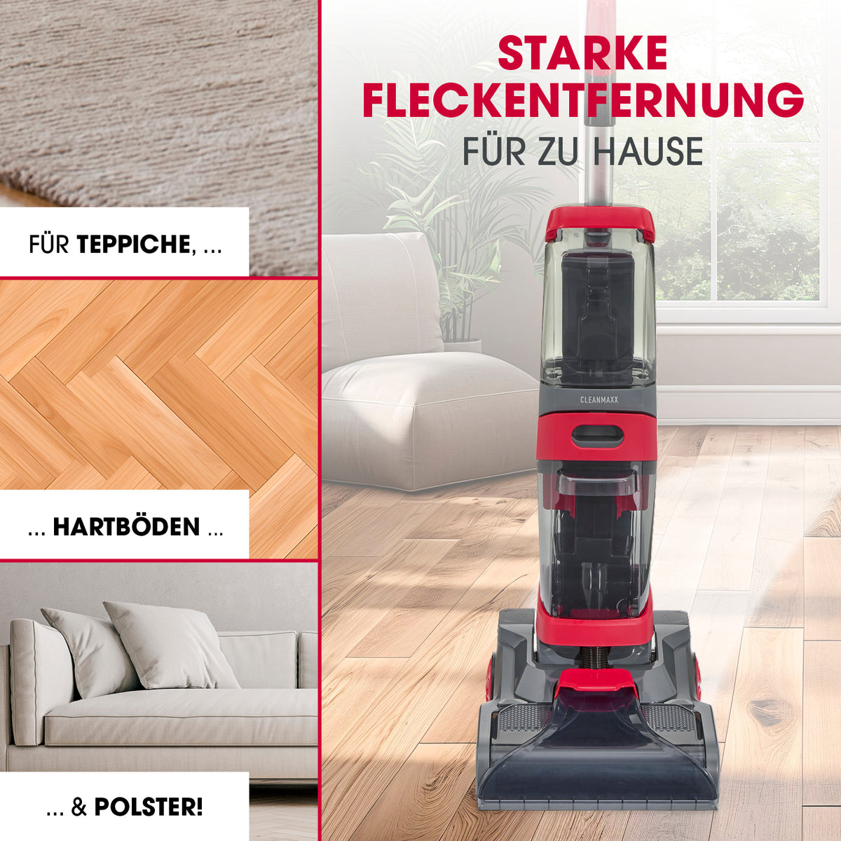 AquaStream Plus DUO Teppich- und Hartbodenreiniger zeigt Gerät in modernem Wohnzimmer für effektive Fleckenentfernung auf Teppichen, Hartböden und Polstern.