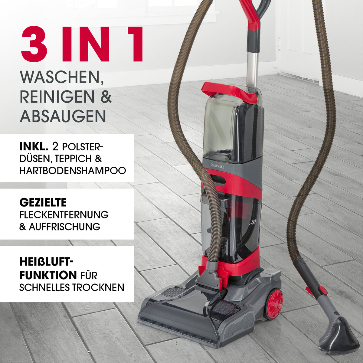 AquaStream Plus DUO Teppich- und Hartbodenreiniger mit 3-in-1-Funktion für Waschen, Reinigen und Absaugen sowie Heißluft für schnelles Trocknen.