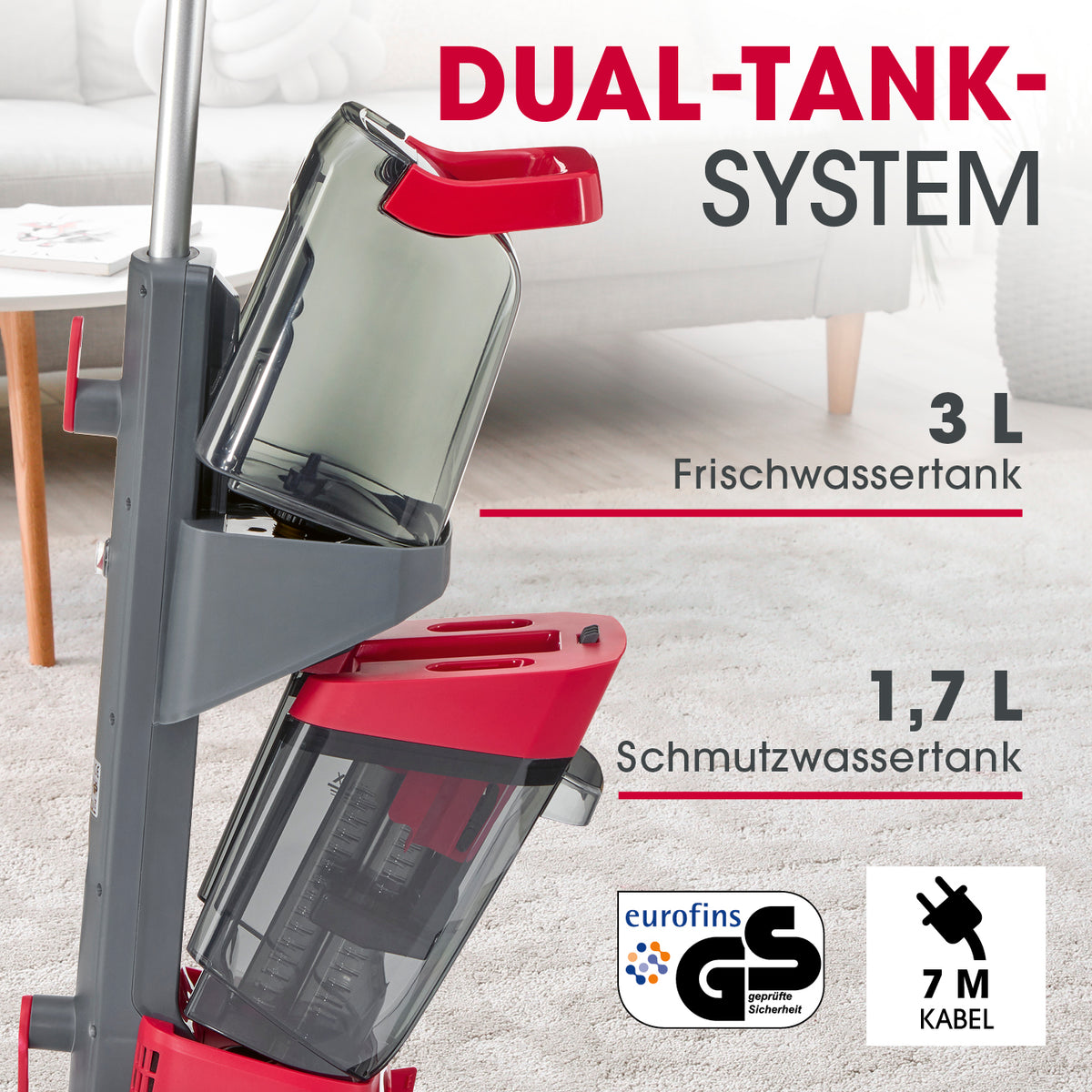 AquaStream Plus DUO Teppich- und Hartbodenreiniger mit Dual-Tank-System, großzügigem 3 L Frischwasser- und 1,7 L Schmutzwassertank.