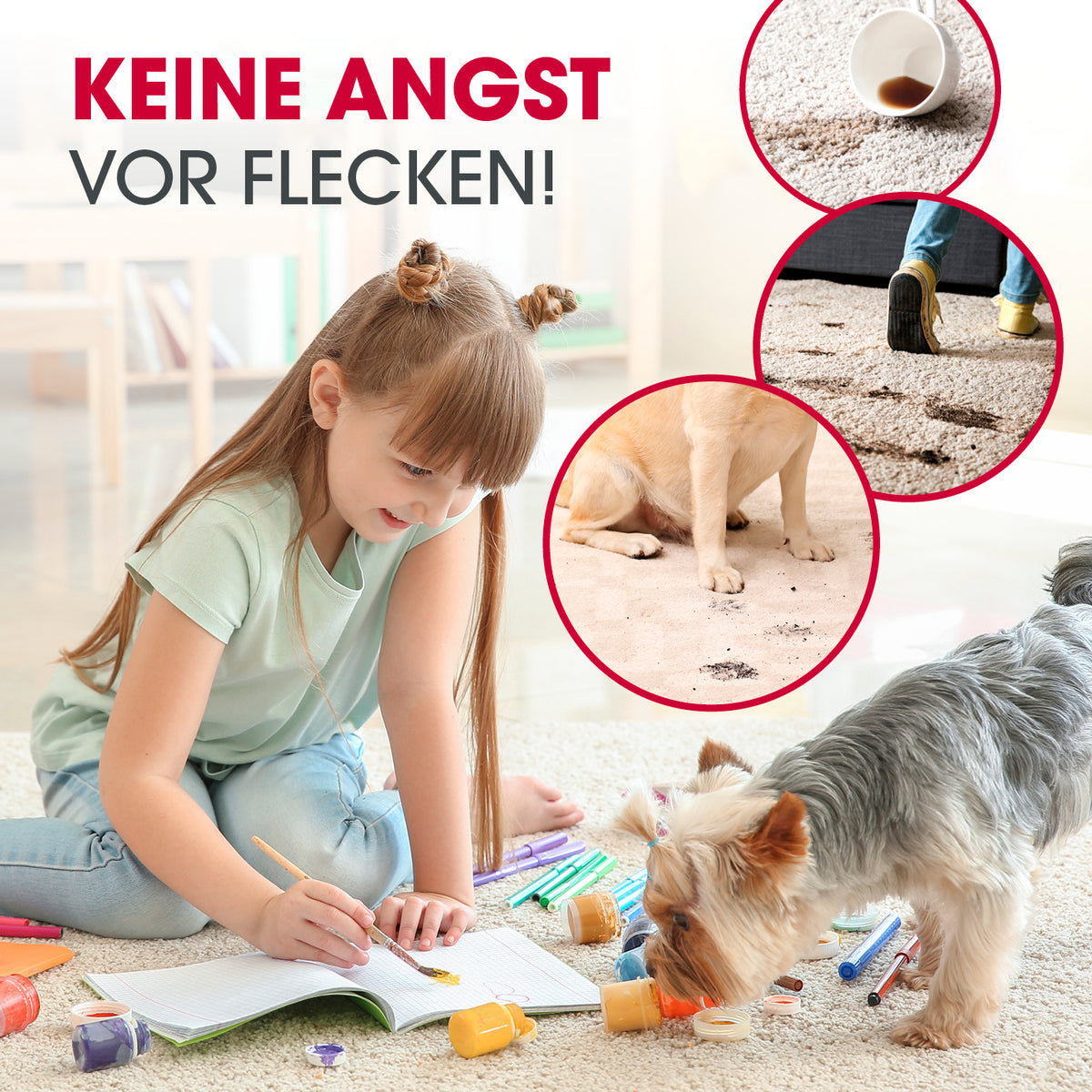 AquaStream Plus DUO Teppich- und Hartbodenreiniger zeigt kindersichere Fleckenlöschung bei Haustier- und Alltagsverschmutzungen auf hellem Teppich.