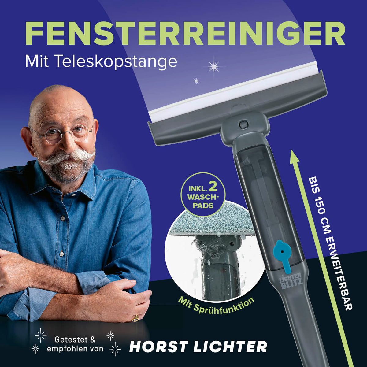 Fensterreiniger 3-in-1 mit Teleskopstange, Sprühfunktion und zwei Waschpads für schnelles und einfaches Reinigen ohne Nachwischen.