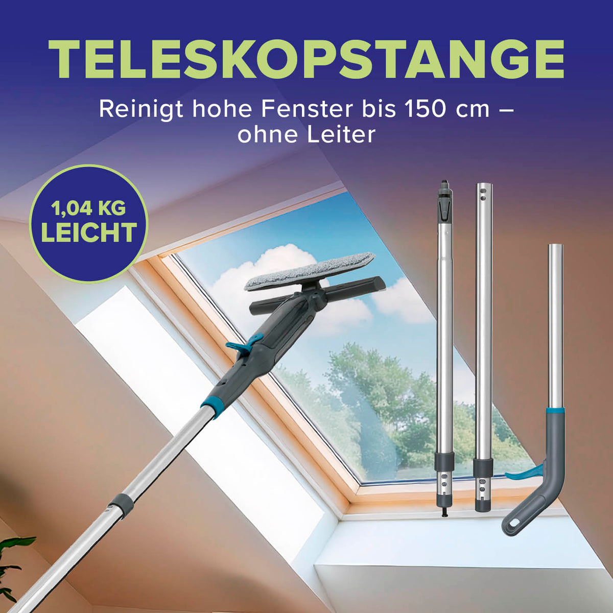 Fensterreiniger 3-in-1 mit Teleskopstange reinigt Fenster bis 150 cm Höhe ohne Leiter, leicht und flexibel einsetzbar.