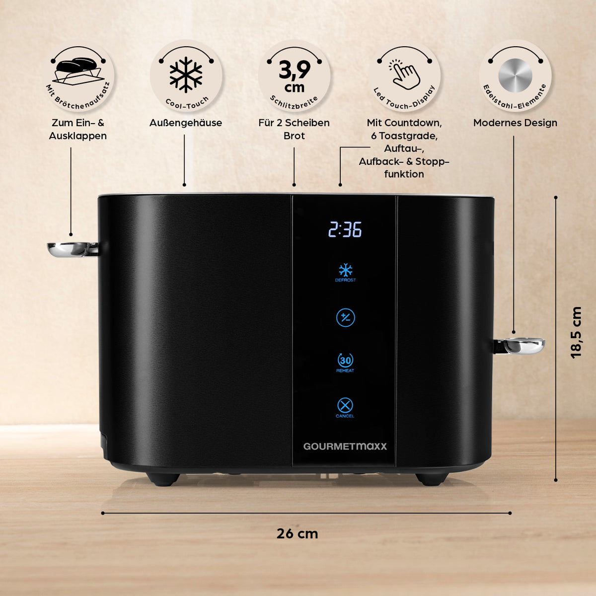 Toaster - Schwarz mit modernem Design, 2 Scheiben, Touch-Display, 6 Bräunungsgraden, Cool-Touch und Brötchenaufsatz.