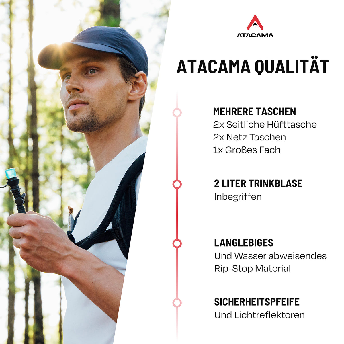 Trinkrucksack für 2 L Trinkblase - Rot mit mehreren Taschen, langlebigem Rip-Stop Material, Sicherheitsventil und Lichtreflektoren für Outdoor-Einsatz.