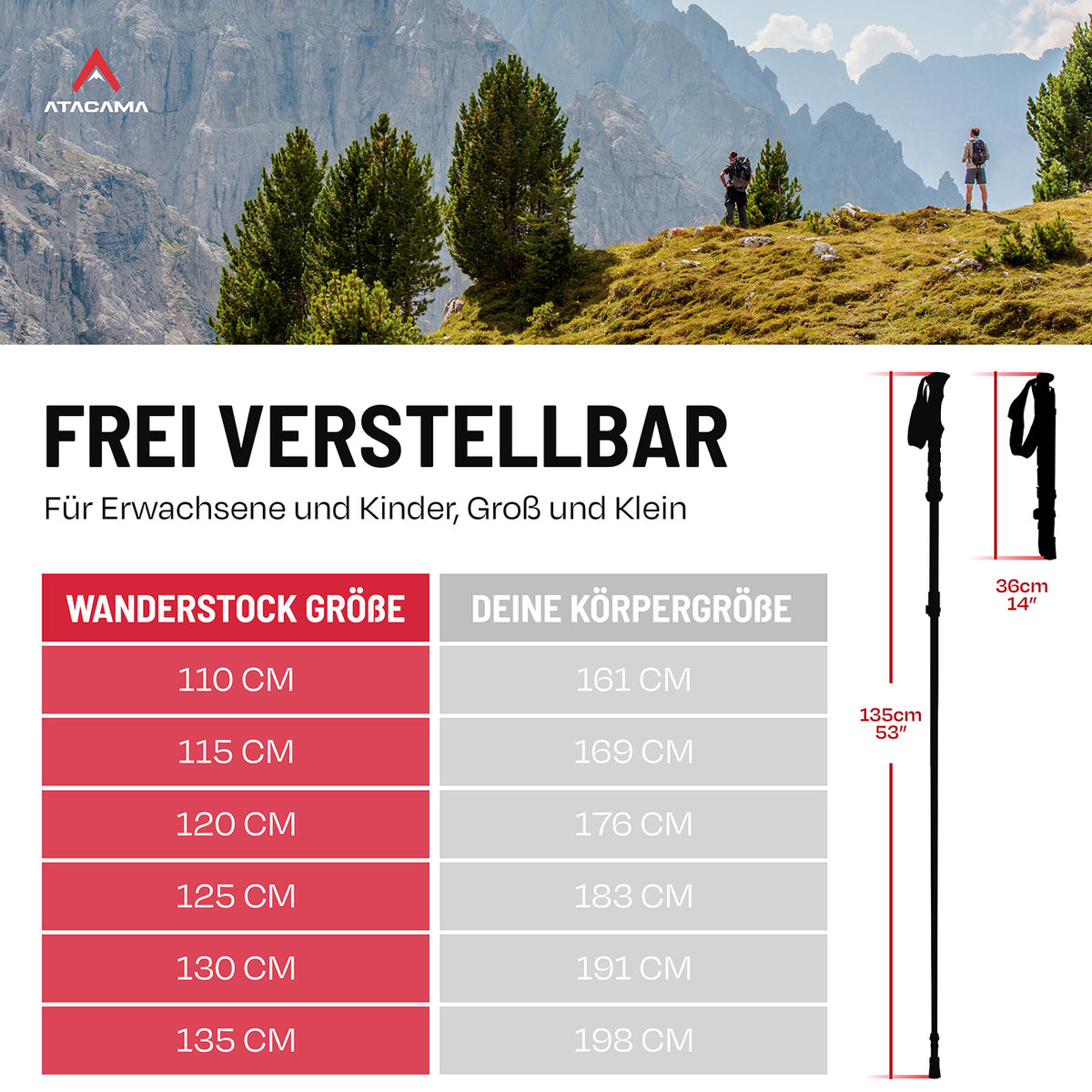 Teleskop Wanderstöcke - faltbar - CarbonMix - 63 cm /135 cm, höhenverstellbar für Erwachsene und Kinder, ideal für verschiedene Körpergrößen.