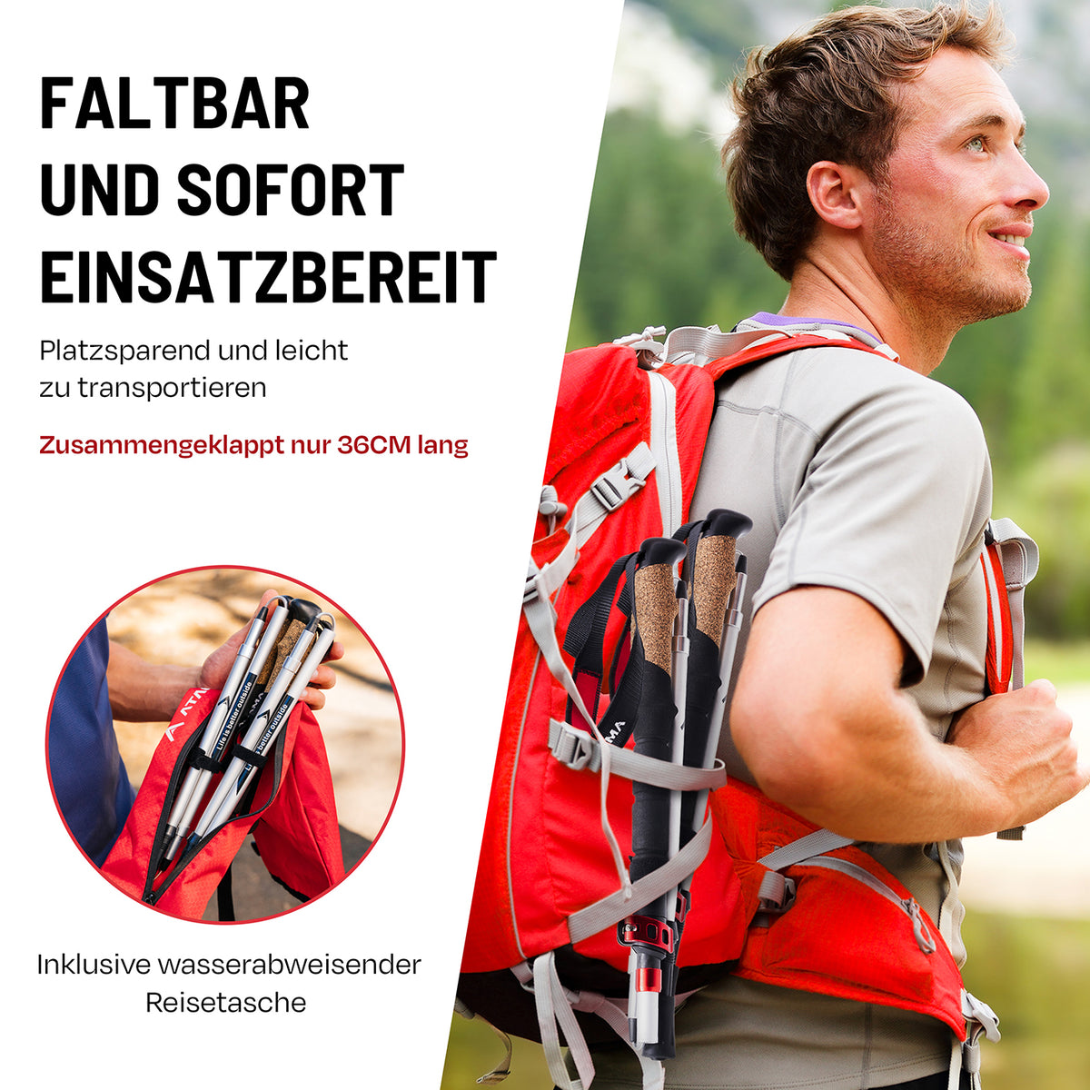 Teleskop Wanderstöcke - faltbar - CarbonMix - 63 cm /135 cm, leicht, kompakt und mit wasserabweisender Tasche ideal für Outdoor-Aktivitäten.