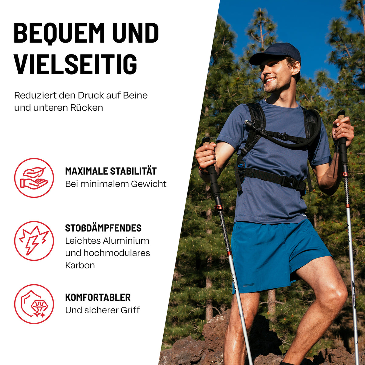 Teleskop Wanderstöcke - faltbar - CarbonMix - 63 cm /135 cm, leicht, verstellbar, stabil und ergonomisch für vielseitige Geländearten.
