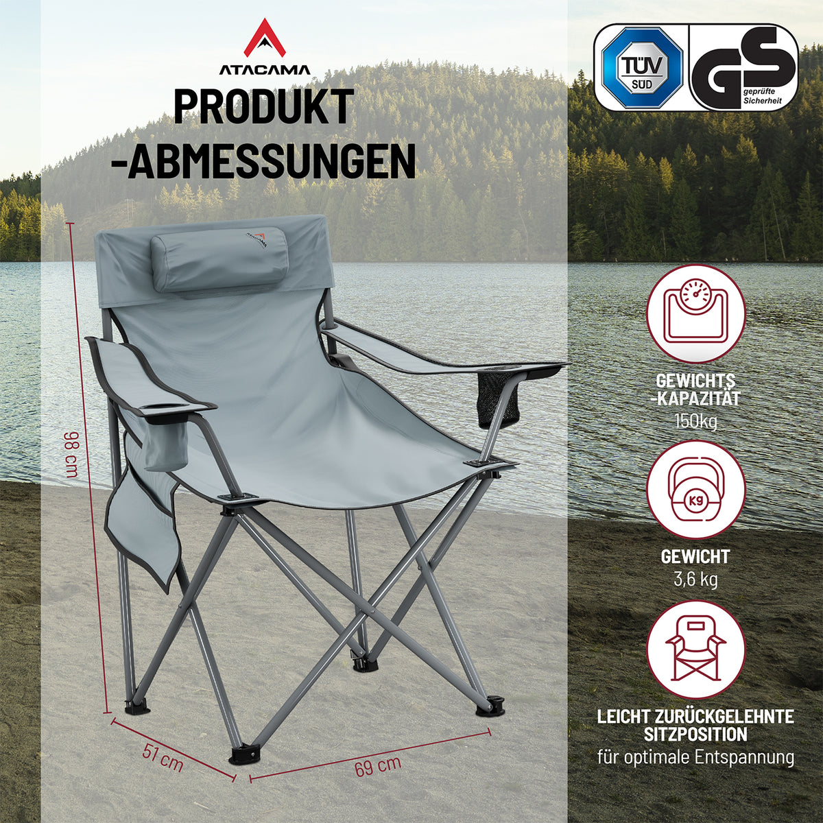 Campingstuhl mit Getränkehalter - Grau mit Produktabmessungen: 98 cm hoch, 51 cm breit und 69 cm tief