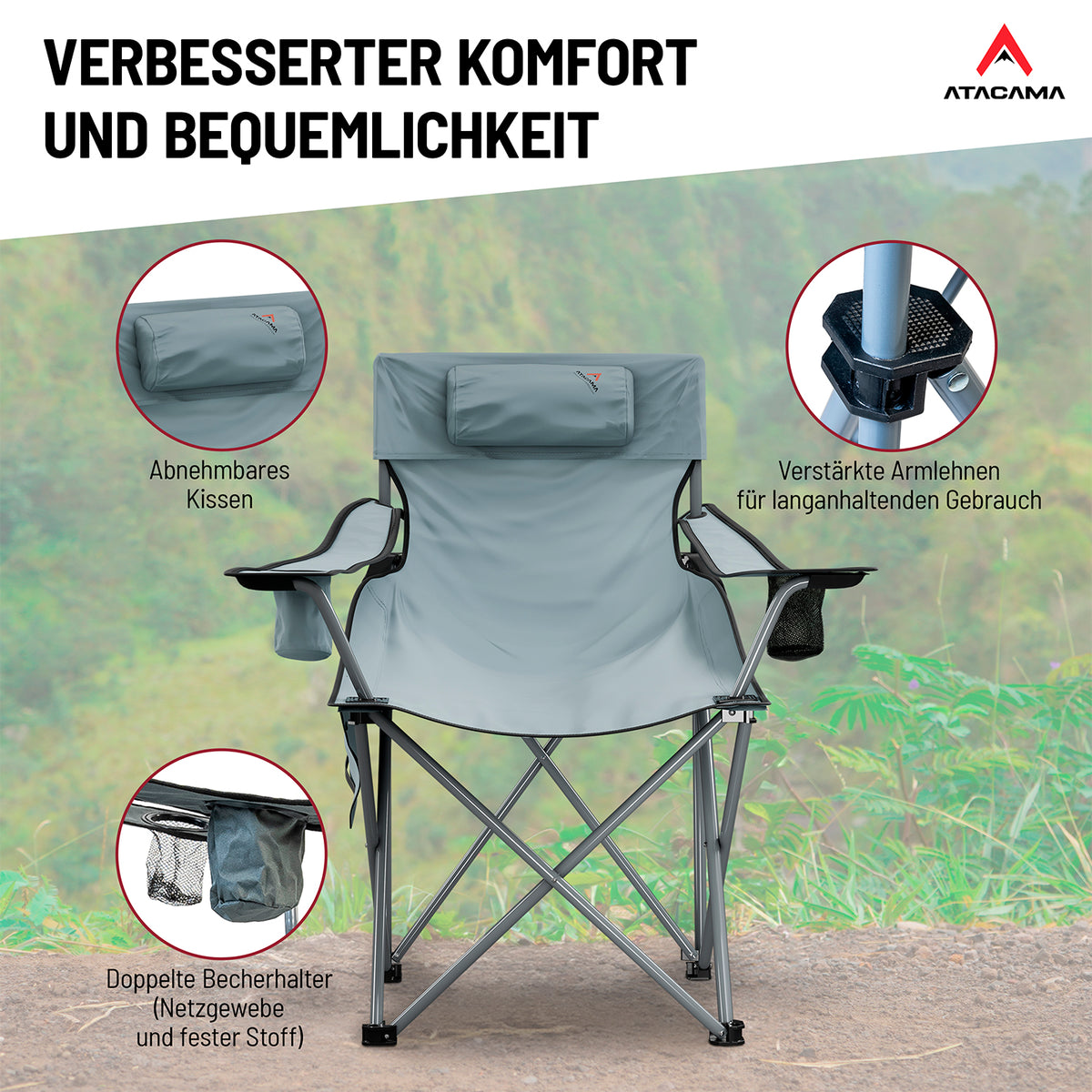 Campingstuhl mit Getränkehalter - Grau mit abnehmbarem Kissen, verstärkten Armlehnen und doppelten Getränkehaltern