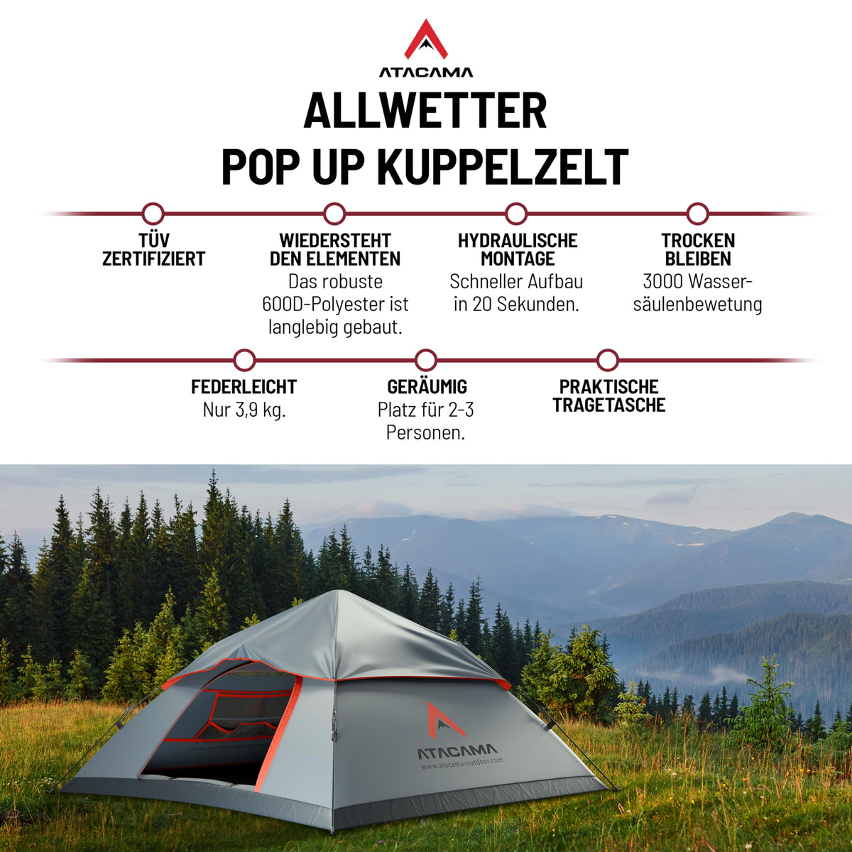 Wurfzelt - 3 Personen - Dunkelgrau-Rot als wetterfestes, leichtes Pop-up Kuppelzelt mit schneller Montage und praktischem Tragebeutel im Bergpanorama.