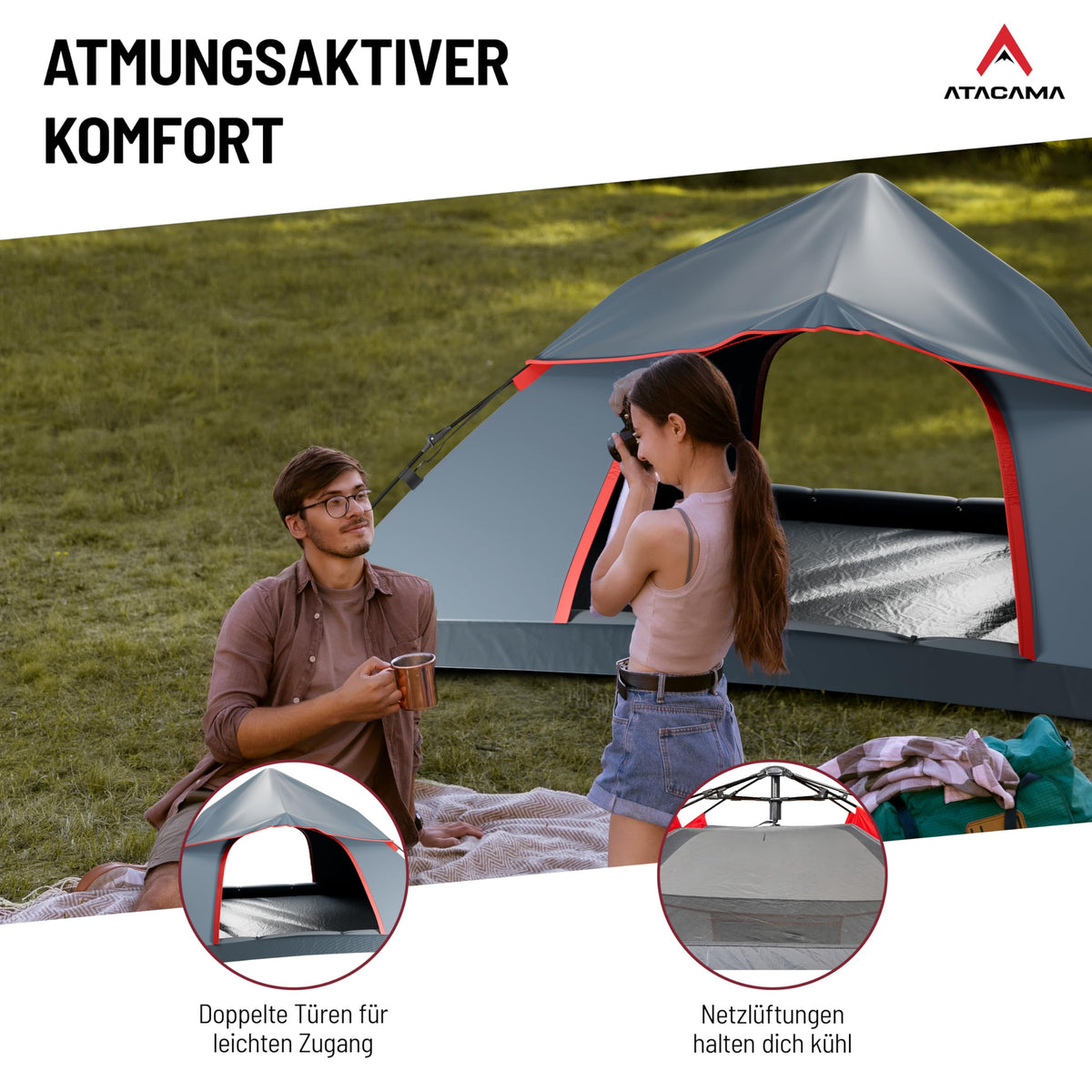 Wurfzelt - 3 Personen - Dunkelgrau-Rot mit atmungsaktiven Netzlüftungen und zwei Eingängen für optimale Belüftung und Komfort beim Campen.