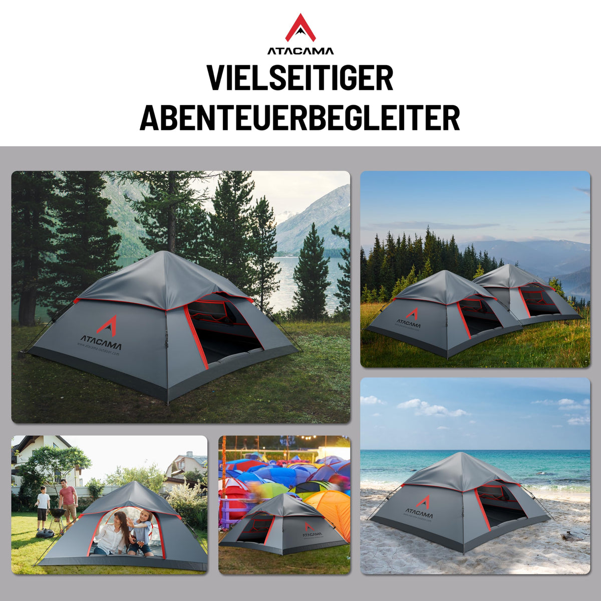 Wurfzelt - 3 Personen - Dunkelgrau-Rot, vielseitiges Zelt für Camping in verschiedenen Umgebungen mit robustem Wetterschutz und einfachem Auf- und Abbau.