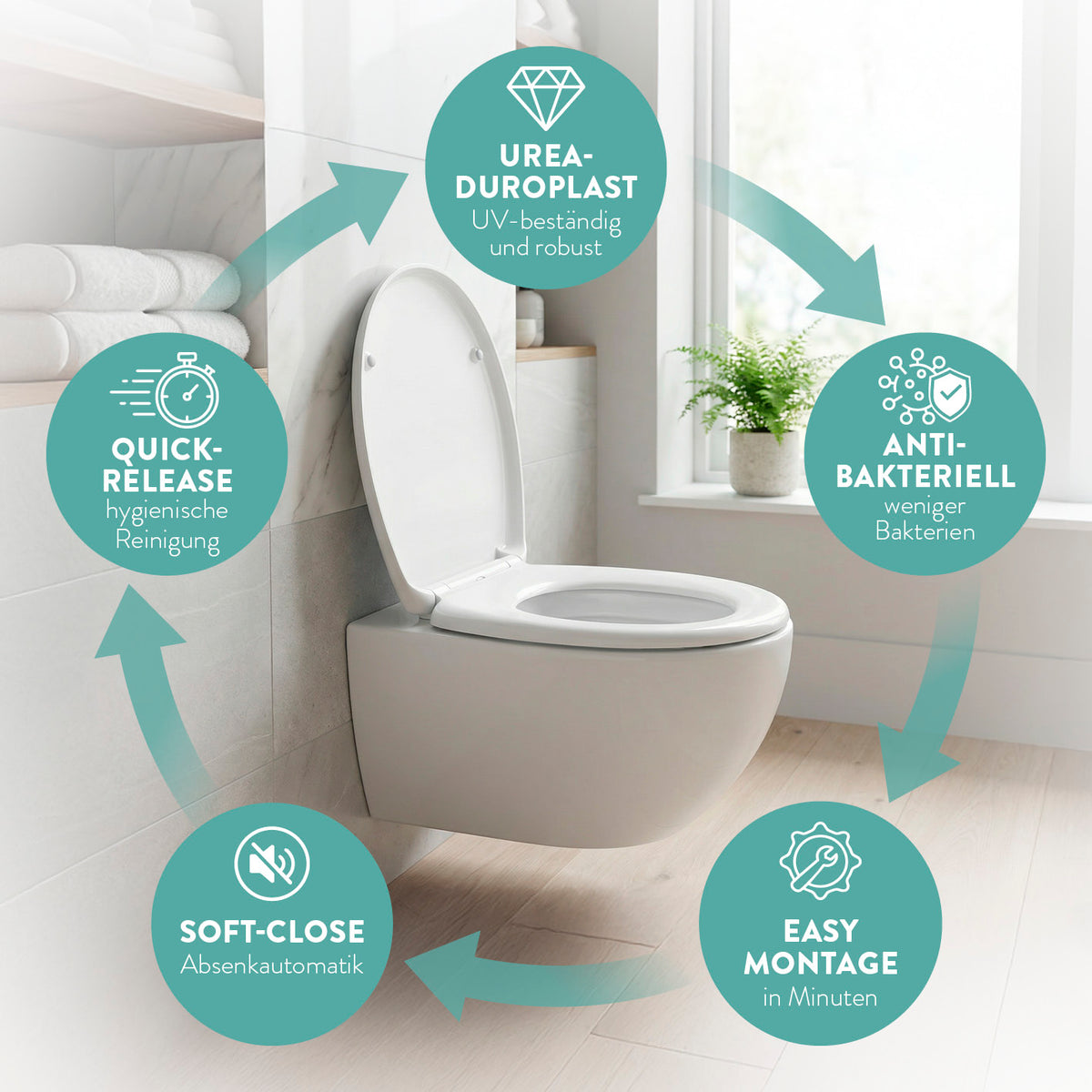 Premium Toilettendeckel antibakteriell oval - Weiß mit schneller Montage, antibakterieller Oberfläche und Soft-Close Funktion für komfortable Nutzung.