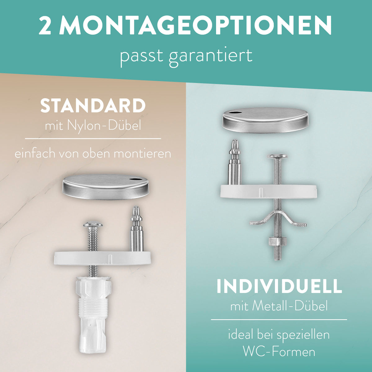 Darstellung der zwei Montageoptionen für Premium Toilettendeckel antibakteriell oval - Weiß mit Nylon- und Metall-Dübel für flexible Befestigung.
