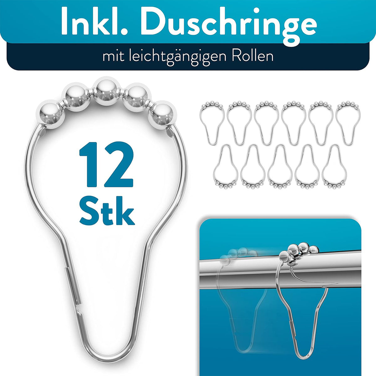 Duschvorhangstange - 125–220 cm aus Edelstahl mit 12 Duschringen und leichtgängigen Rollen für einfache Montage.