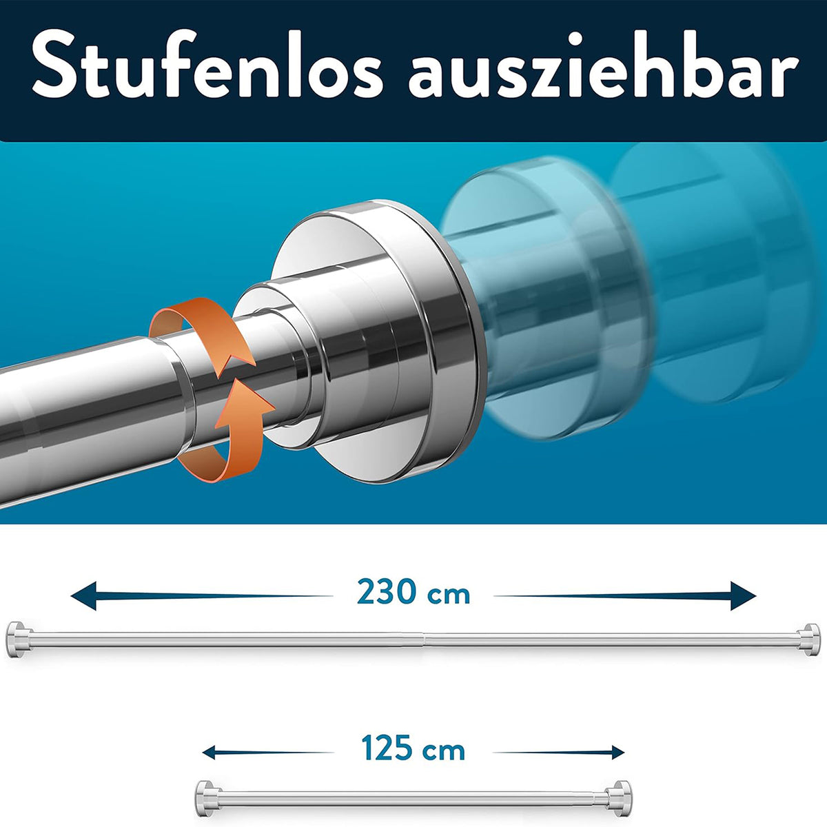 Duschvorhangstange - 125–220 cm - Edelstahl, stufenlos ausziehbar, rostfrei, einfache Montage ohne Bohren, modernes Hochglanzdesign.