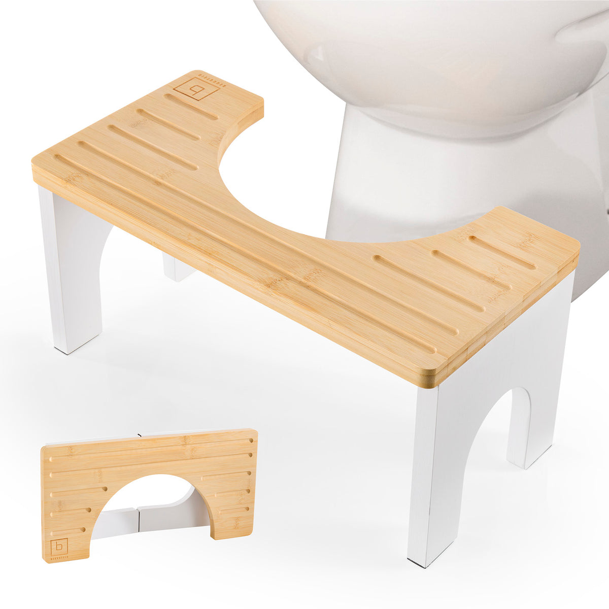 Bambus-Toilettenhocker mit rutschfester Oberfläche für optimale Darmstellung und entspanntes Sitzen auf der Toilette.