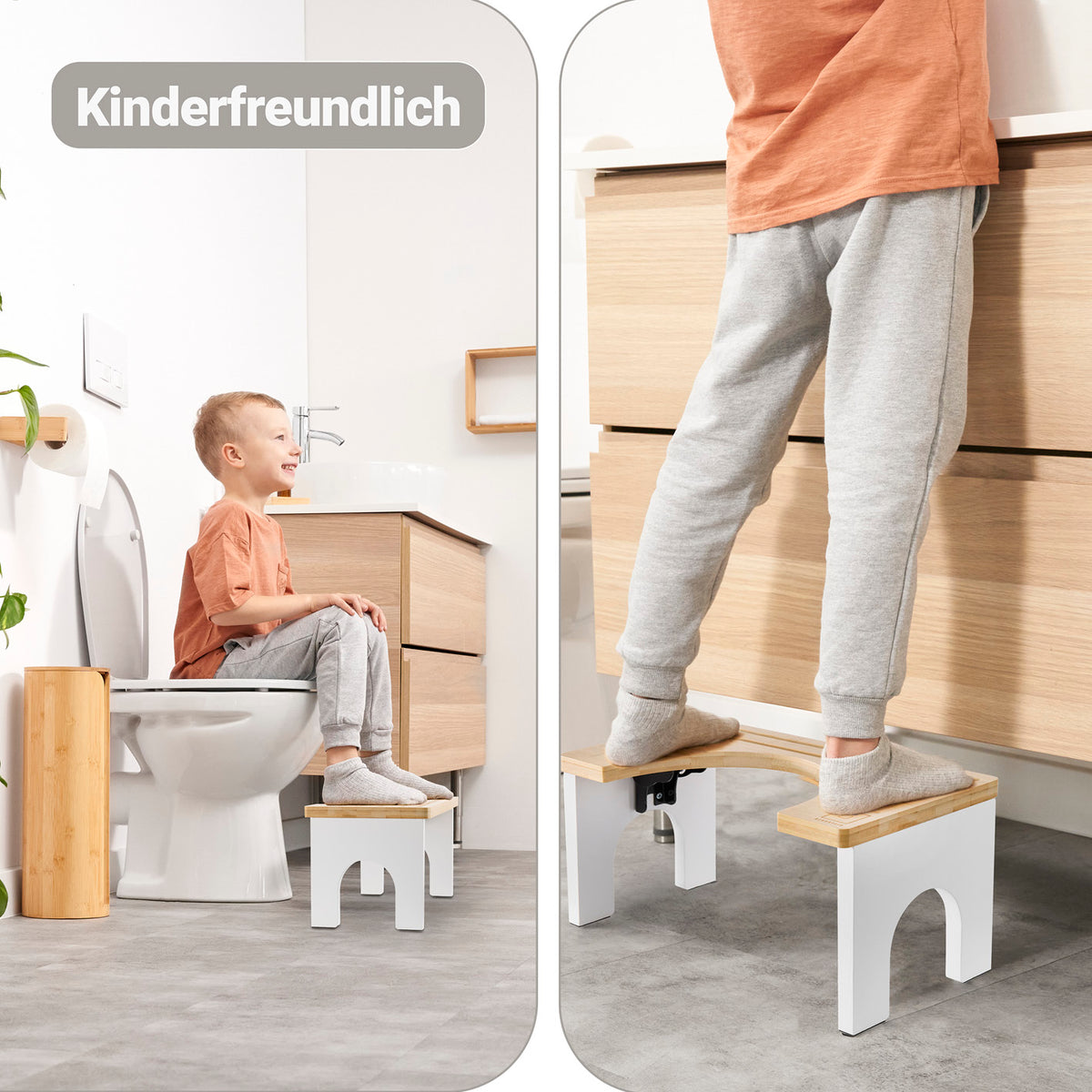 Bambus-Toilettenhocker mit rutschfester Oberfläche, kinderfreundlich für entspanntes und gesundes Sitzen auf der Toilette.