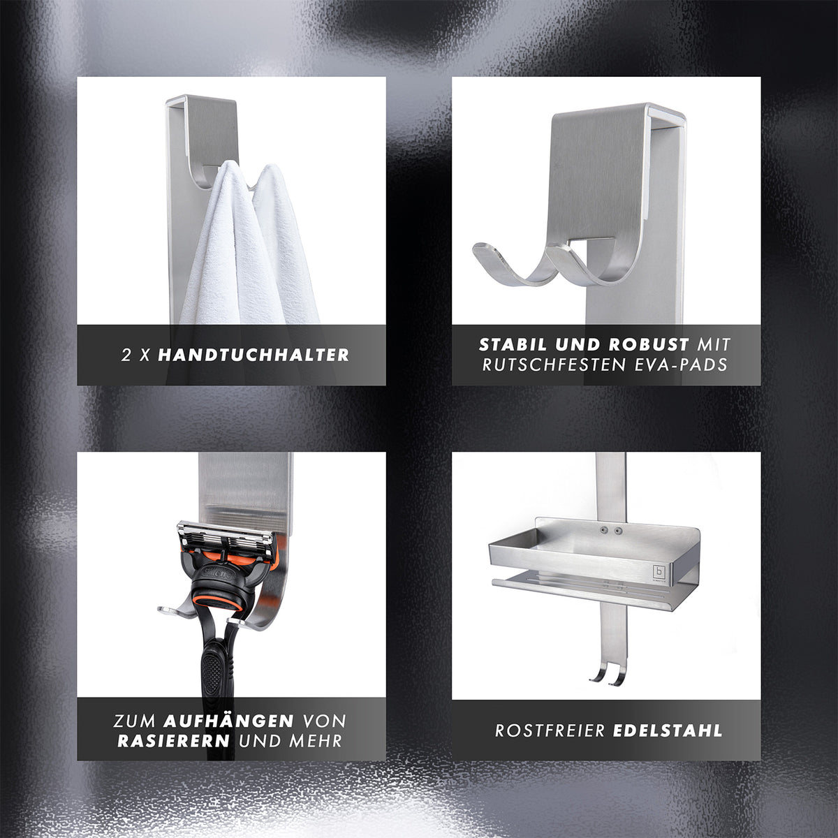 Dusch-Organizer - Edelstahl mit 2 Handtuchhaltern, rostfreiem Stahl, 4 Haken und rutschfesten EVA-Pads, ideal für rahmenlose Glasduschen.