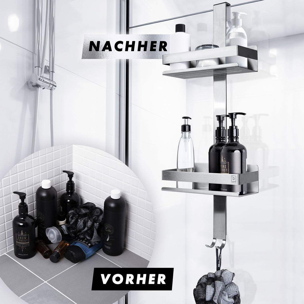 Dusch-Organizer - Edelstahl mit 2 Ablagefächern und 4 Haken zur optimalen Aufbewahrung in rahmenlosen Glasduschen bis 18 mm.