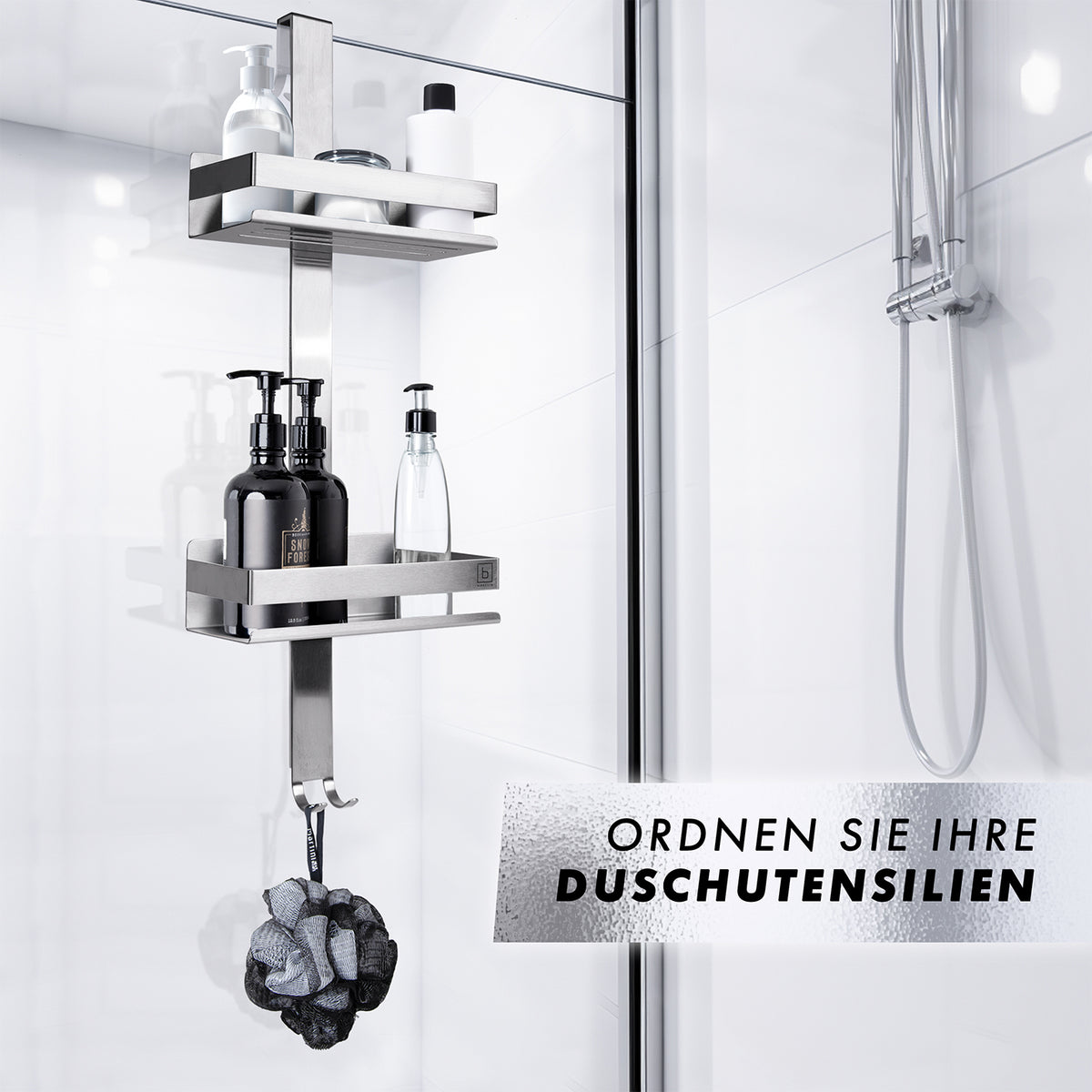 Dusch-Organizer - Edelstahl mit 2 Ablagefächern und 4 Haken für rahmenlose Duschwände bis 18 mm Stärke, rostfrei und kratzgeschützt.