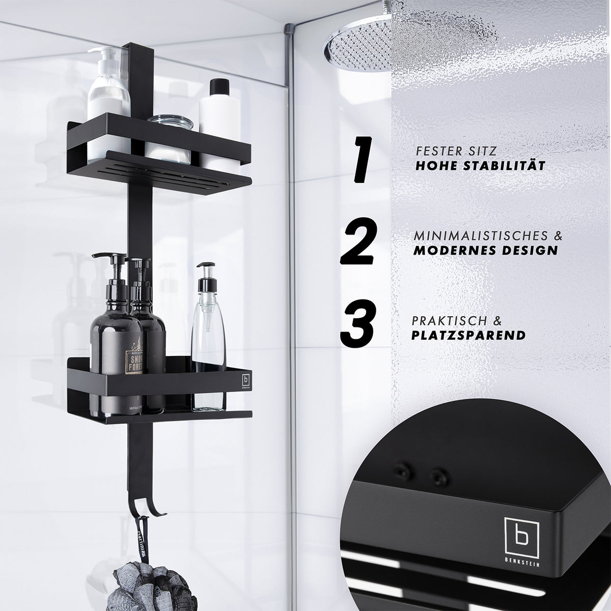 Dusch-Organizer - Schwarz mit 2 Ablagen und Haken, platzsparend, modernes Design, stabile Befestigung für rahmenlose Glasduschen.
