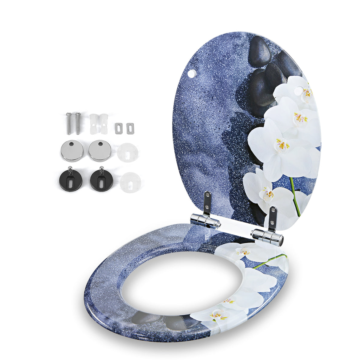 Toilettendeckel - oval - Absenkautomatik - Dunkelgrau mit weißem Orchideenmuster und robusten Edelstahl-Scharnieren samt Befestigungszubehör.