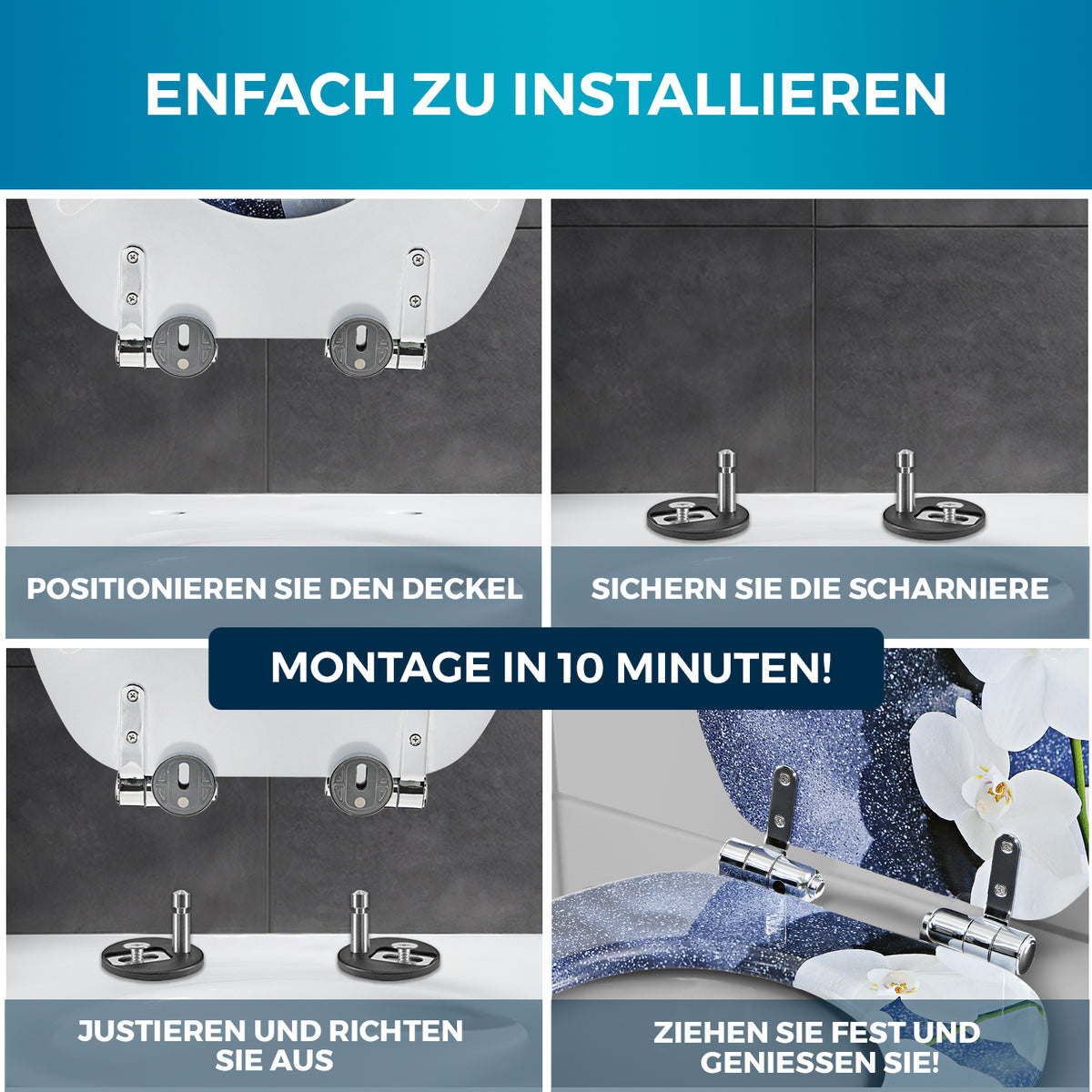 Toilettendeckel - oval - Absenkautomatik - Dunkelgrau mit einfacher Montageanleitung und stabilen Metall-Scharnieren für passgenauen Sitz.