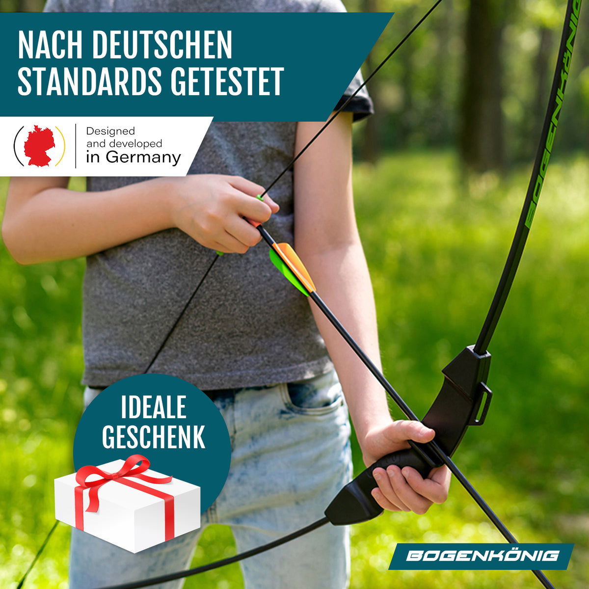 Bogenset mit 4 Pfeilen - ideal für Kinder ab 6 J. mit sicherem Griff und kinderfreundlichem Design zum Pfeilschießen im Freien.