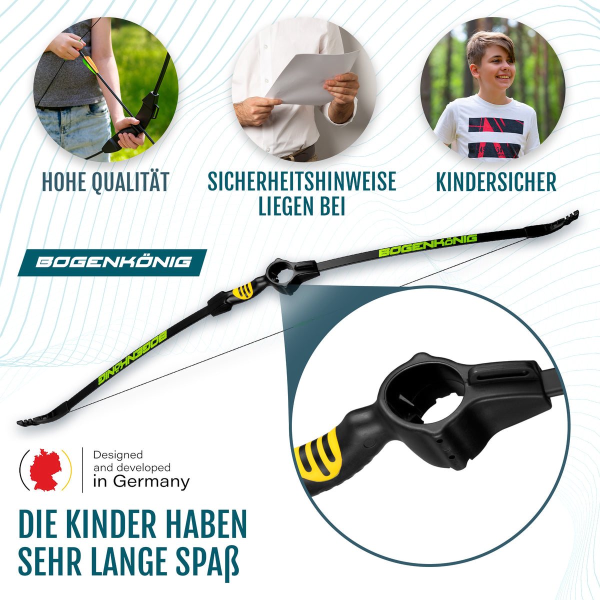 Bogenset mit 5 Pfeilen - ideal für Kinder ab 7 J. mit schwarzem Kinderbogen und Sicherheitsgriff