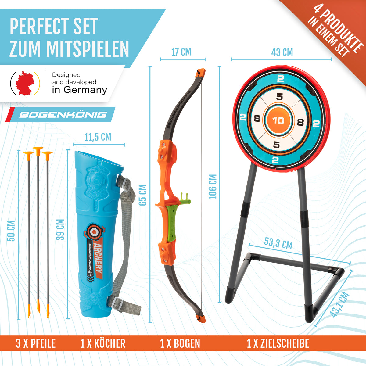 Pfeil und Bogen Kinder Spielzeug Set - ab 6 Jahre mit Bogen, 3 leichten Pfeilen, Köcher und Zielscheibe auf Stativ zum einfachen Spielen.