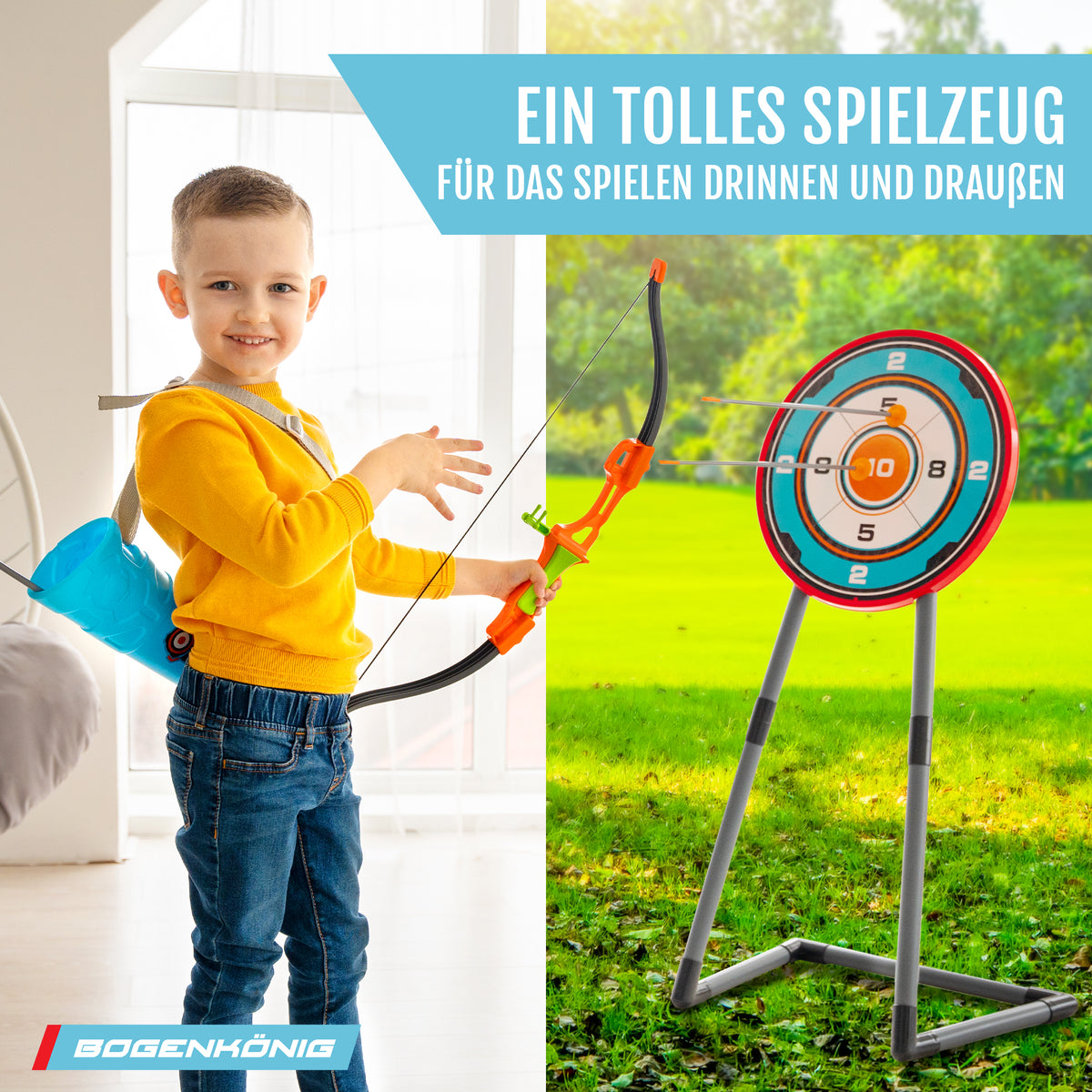Junge spielt mit Pfeil und Bogen Kinder Spielzeug Set - ab 6 Jahre, zieht Bogen im Zimmer, Zielscheibe steht draußen im Garten.