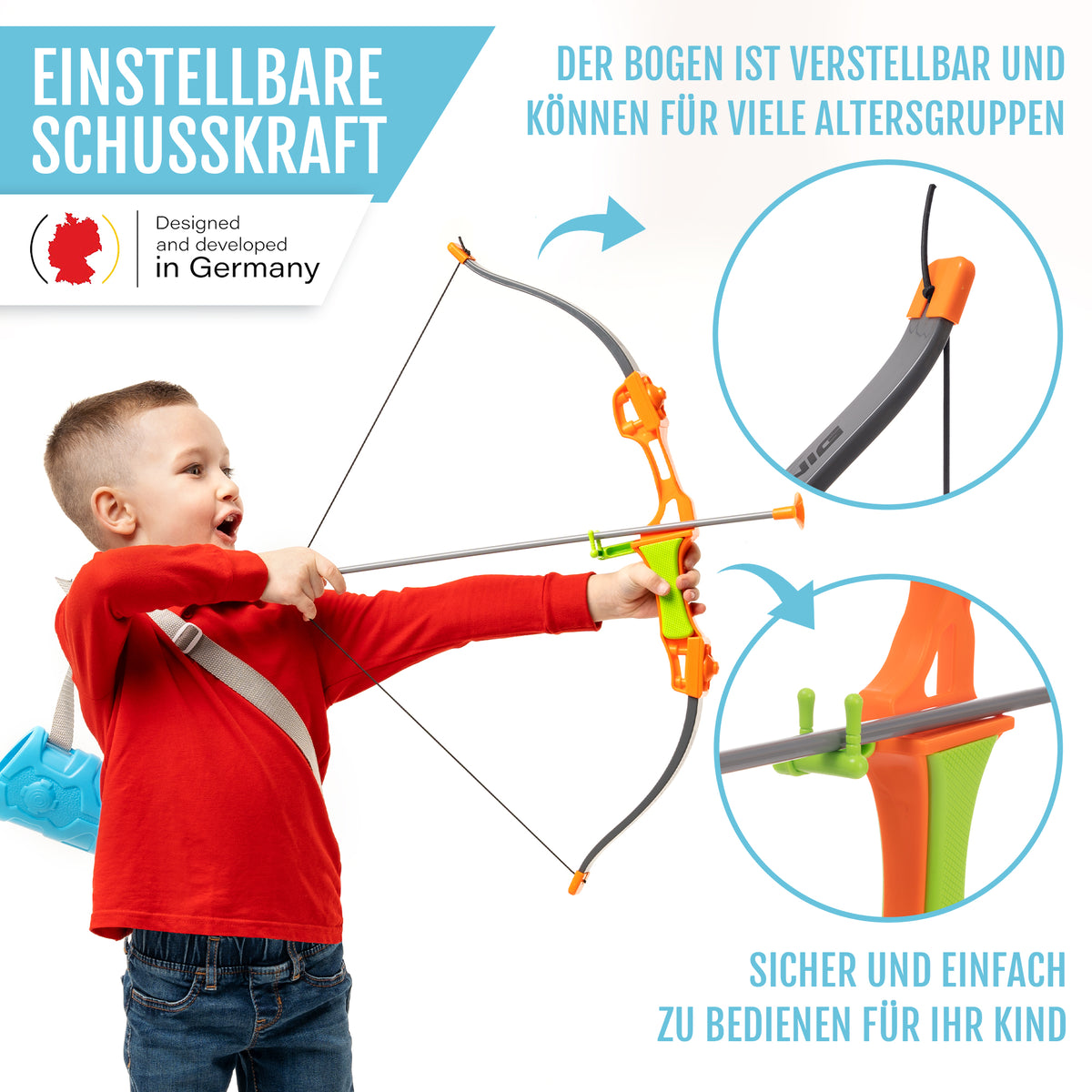 Pfeil und Bogen Kinder Spielzeug Set - ab 6 Jahre mit verstellbarem Bogen und sicherem Ziehmechanismus für unterschiedliche Altersgruppen.