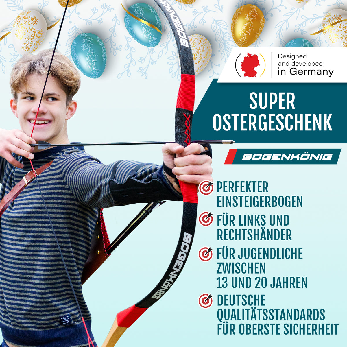 Holz Sportbogen Set mit Köcher - Einsteigerbogen - ab 13 Jahre, gezeigt an einem Jugendlichen beim sicheren Bogenschießen mit Bogen für Links- und Rechtshänder.