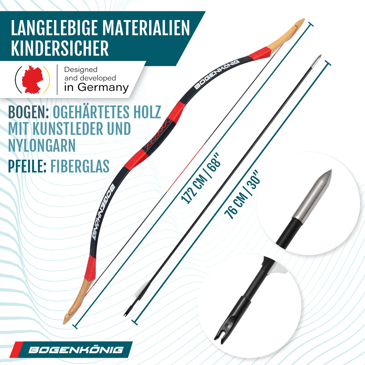 Holz Sportbogen Set mit Köcher - Einsteigerbogen - ab 13 Jahre, mit bogengehärtetem Holz und Fiberglaspfeilen, kindersicher und langlebig.
