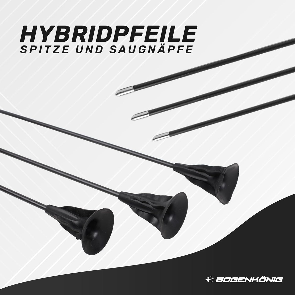 Sportbogen-Einsteigerset mit 6 Pfeilen - schwarze Hybridpfeile mit Metallspitzen und flexiblen Saugnäpfen für sicheres Bogenschießen.