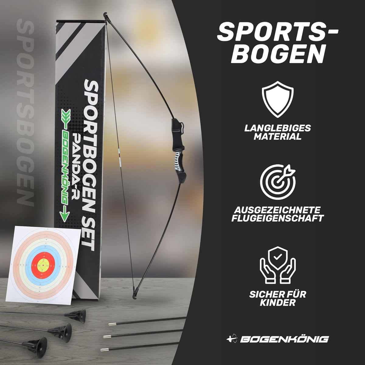 Sportbogen-Einsteigerset mit 6 Pfeilen - robuster Bogen mit Zielscheibe und Pfeilen, leicht zu handhaben und sicher für Kinder ab 7 J.
