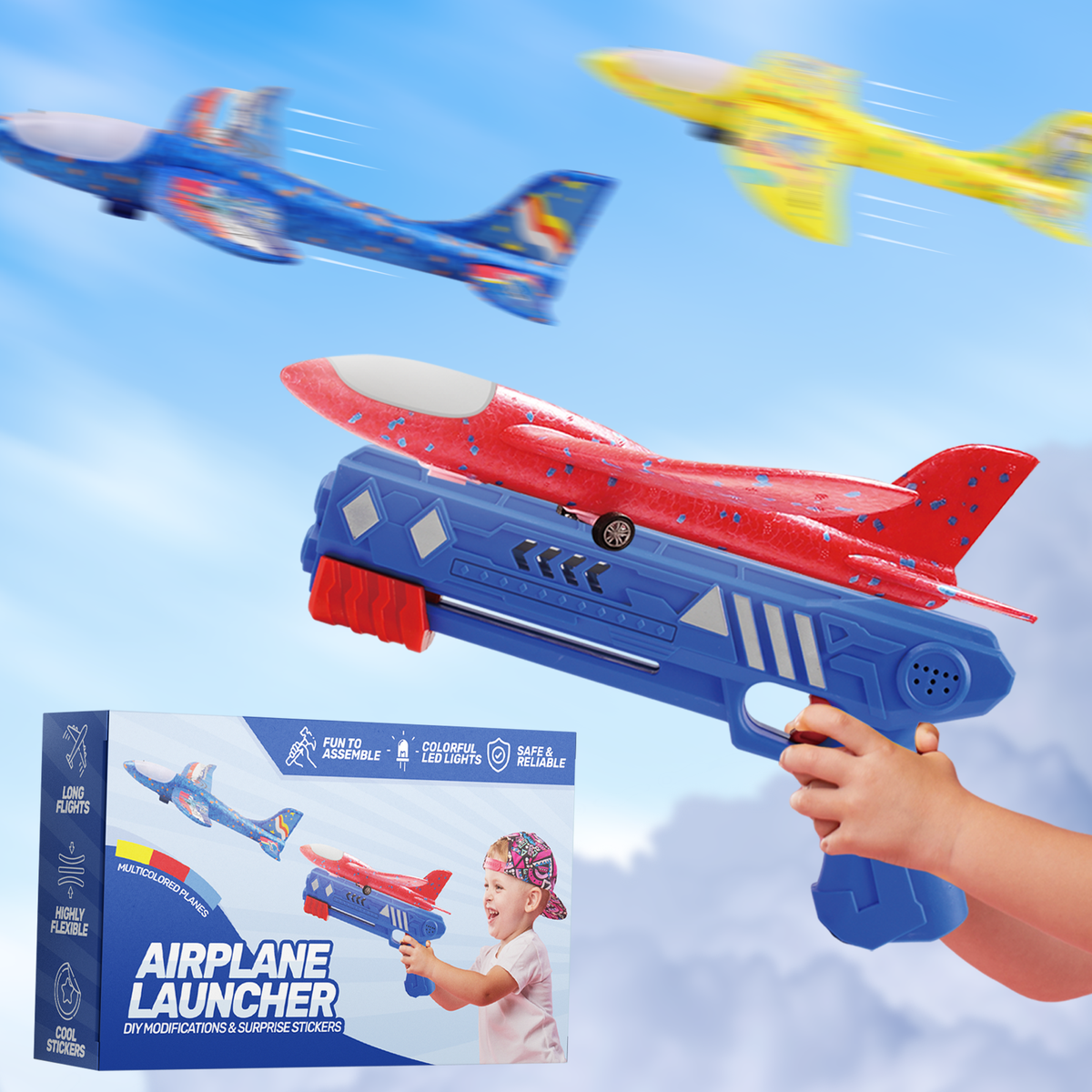 Flugzeug-Starter - 3er Set - Blau/Rot/Gelb mit rotem Spielzeugflugzeug und blauem Griff, weitere Flugzeuge im Hintergrund