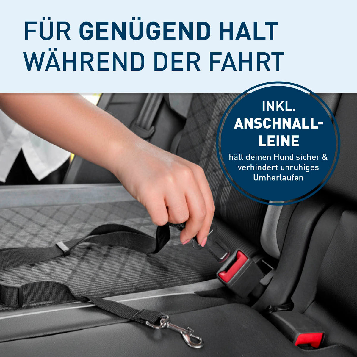 Hundeautositz – wasserfeste Hundebox – M mit anschnallbarer Leine für sicheren Halt und ruhige Fahrten ohne unruhiges Umherlaufen.