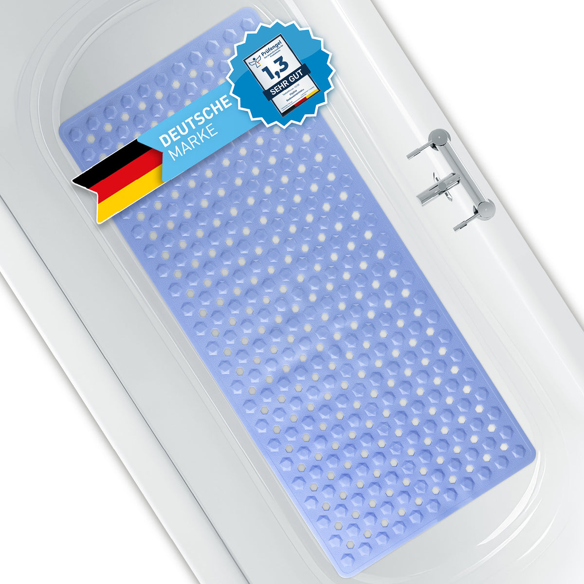 Badewannenmatte 88 x 40 cm – Hellblau mit rutschfester Oberfläche und saugnäpfen für sicheren Halt in der Badewanne.