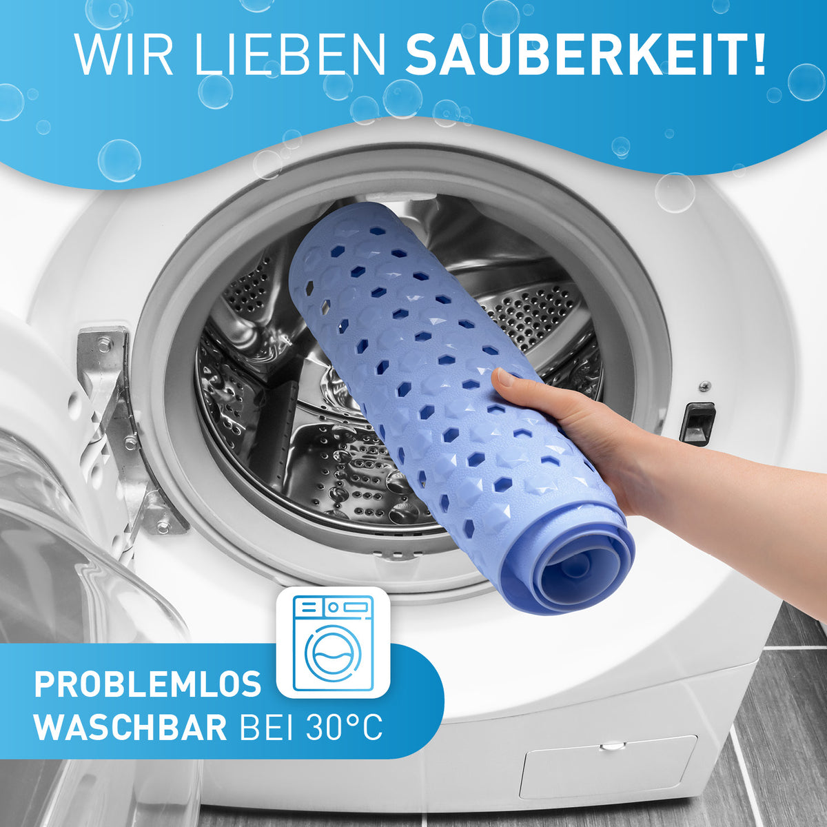 Badewannenmatte 88 x 40 cm – Hellblau wird in Waschmaschine bei 30°C gewaschen, zeigt waschbare rutschfeste Matte.
