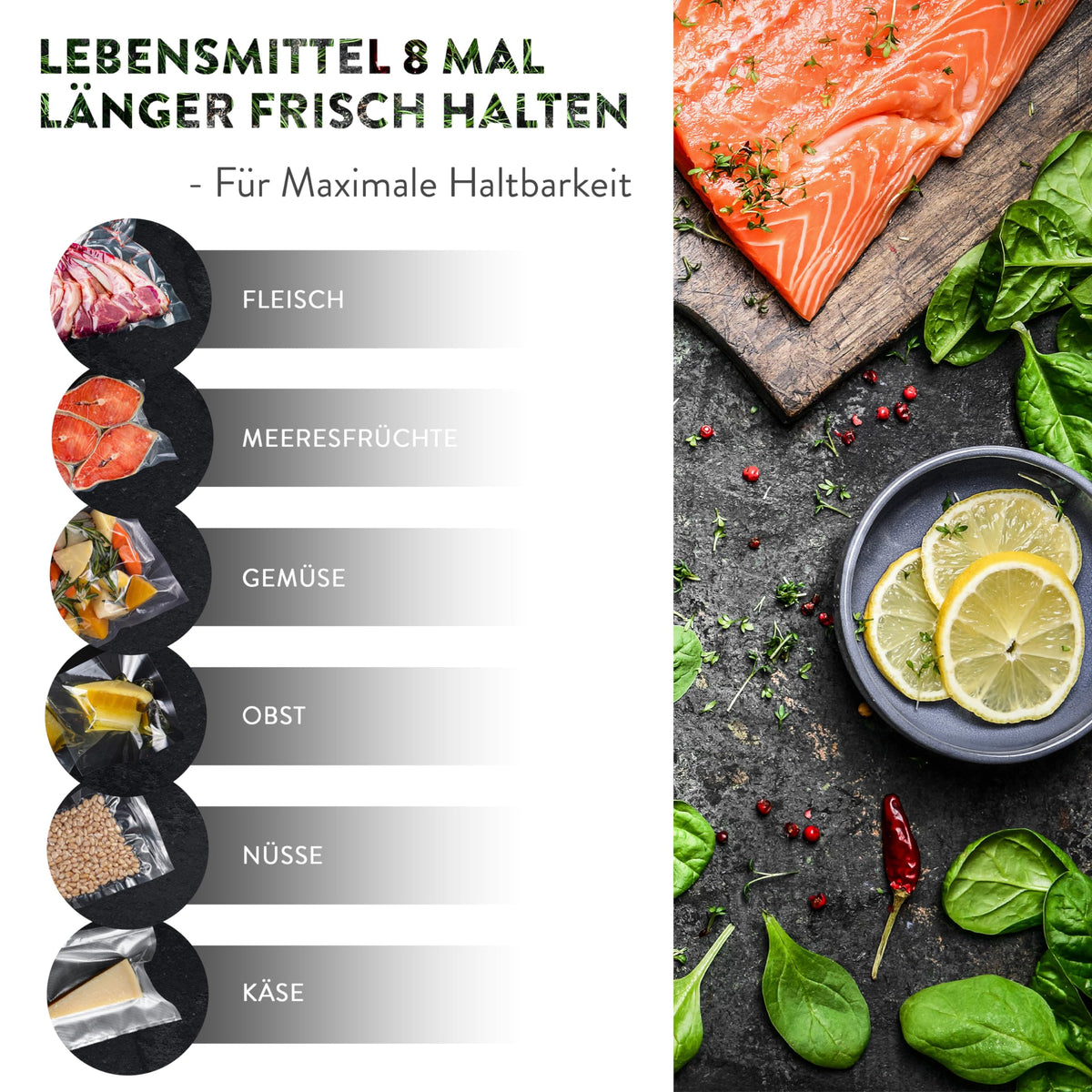 Premium Vakuumbeutel - 100 Stk. - 16 x 25 cm zeigt Frischhaltung von Fleisch, Meeresfrüchten, Gemüse, Obst, Nüssen und Käse für längere Haltbarkeit.
