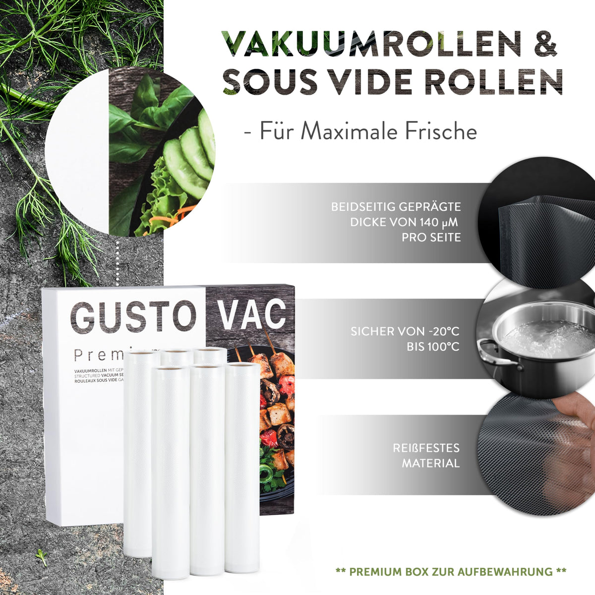 Premium Vakuumrollen 30x300 cm - 6er-Set mit beidseitiger Prägung, reißfestem Material und temperaturbeständig von -20 bis 100 Grad Celsius.