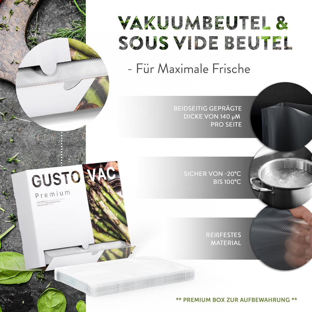 Premium Vakuumbeutel - 50 Stk. - 16 x 25 cm mit beidseitiger Prägung, reißfestem Material und hitzebeständig von -20 bis 100 Grad Celsius.
