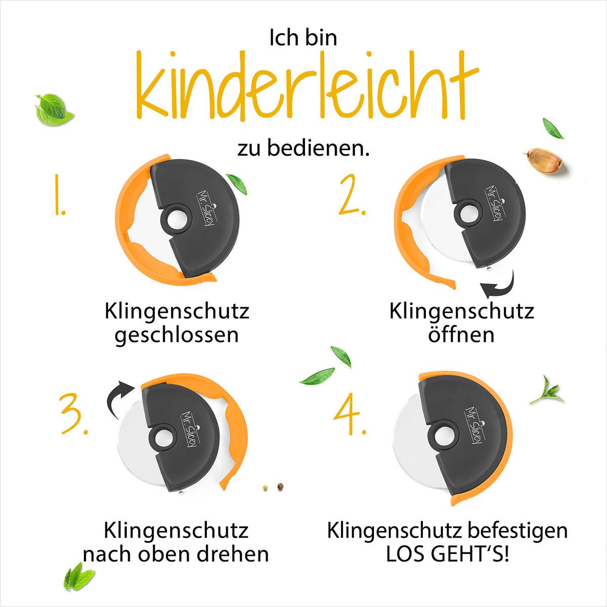 Pizzaschneider Mr. Slicey + Sicherheits-Gummilippe Bedienungsanleitung mit vier Schritten, Galeriebild 9, quadratisch 1417x1417