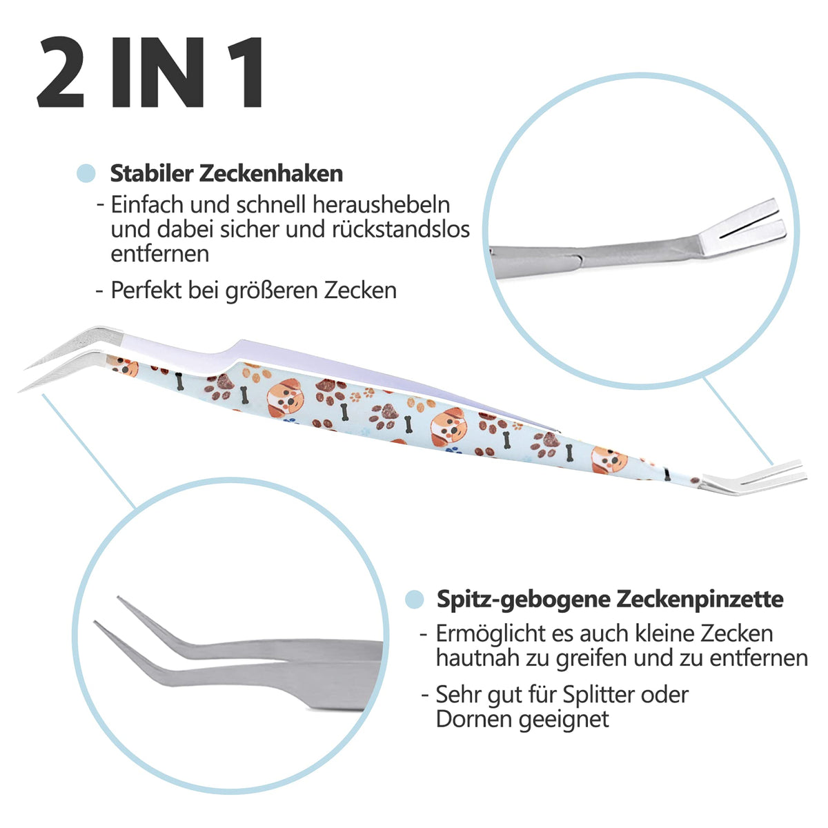 2-in-1 Profi Zeckenzange - für Hunde und Katzen - Hellblau mit stabilem Haken und spitz-gebogener Pinzette für gründliche Zeckenentfernung bei Haustieren.
