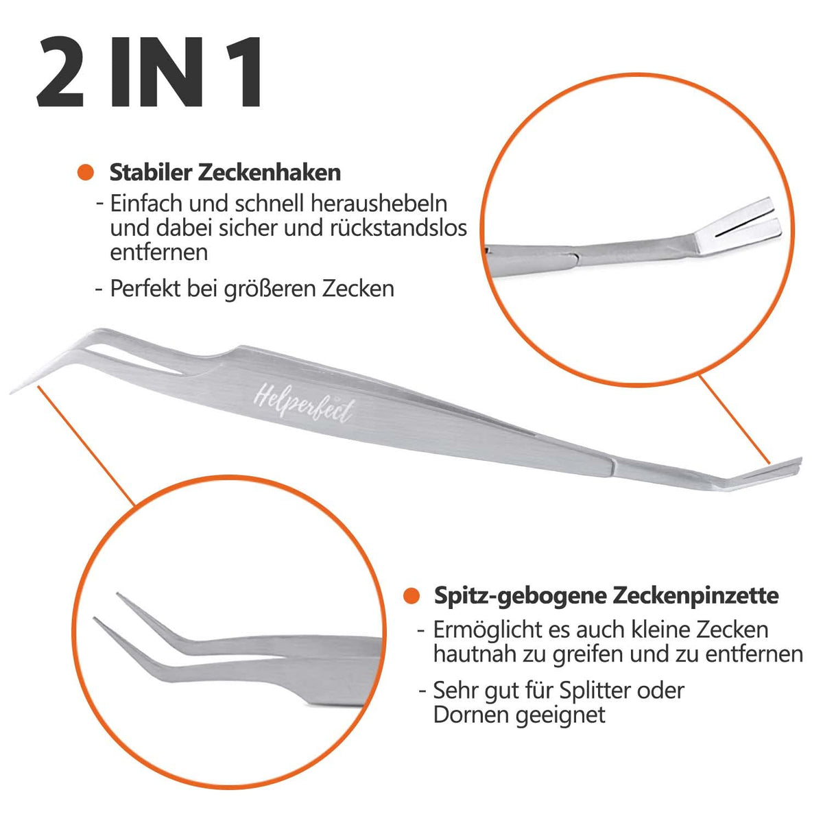 2-in-1 Profi Zeckenzange - für Hunde und Katzen - Silber mit stabilem Zeckenhaken und spitz-gebogener Pinzette für effektive Entfernung von Zecken.
