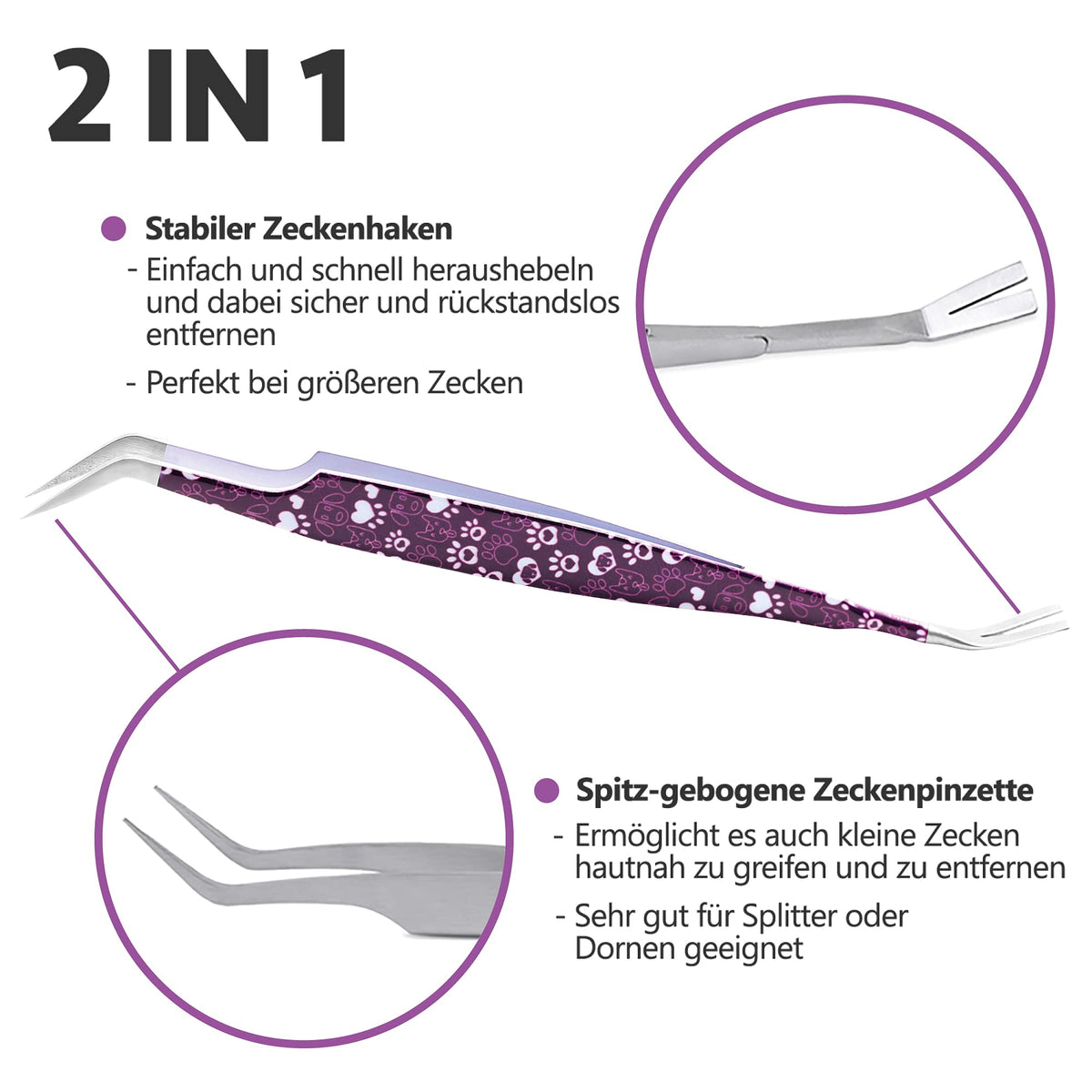 2-in-1 Profi Zeckenzange - für Hunde und Katzen - Violett mit stabilem Haken und spitz-gebogener Pinzette für präzise Zeckenentfernung.